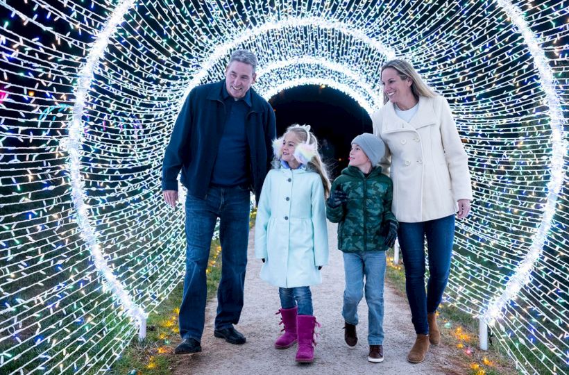 A family of four walks through a tunnel of bright holiday lights.