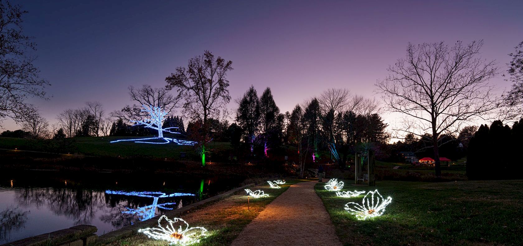 An illuminated garden path by a pond at dusk, with glowing lotus-like lights along the walkway and bare trees silhouetted against a purple-blue sky.