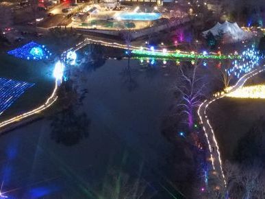 Aerial view of a lit winter park with winding illuminated paths, colorful light displays, blue tree designs, and a large reflective pond at night.